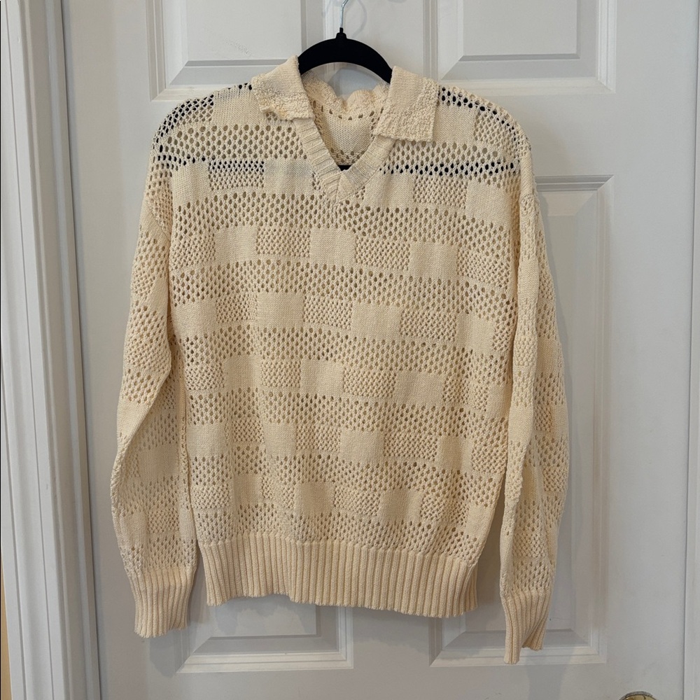 Demylee off white sample crochet collared cotton knit pullover sweater small